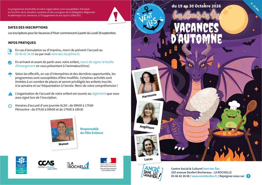 Programme Vacances Automne Grands des îles - Centre Social et Culturel Vent des Îles à La Rochelle