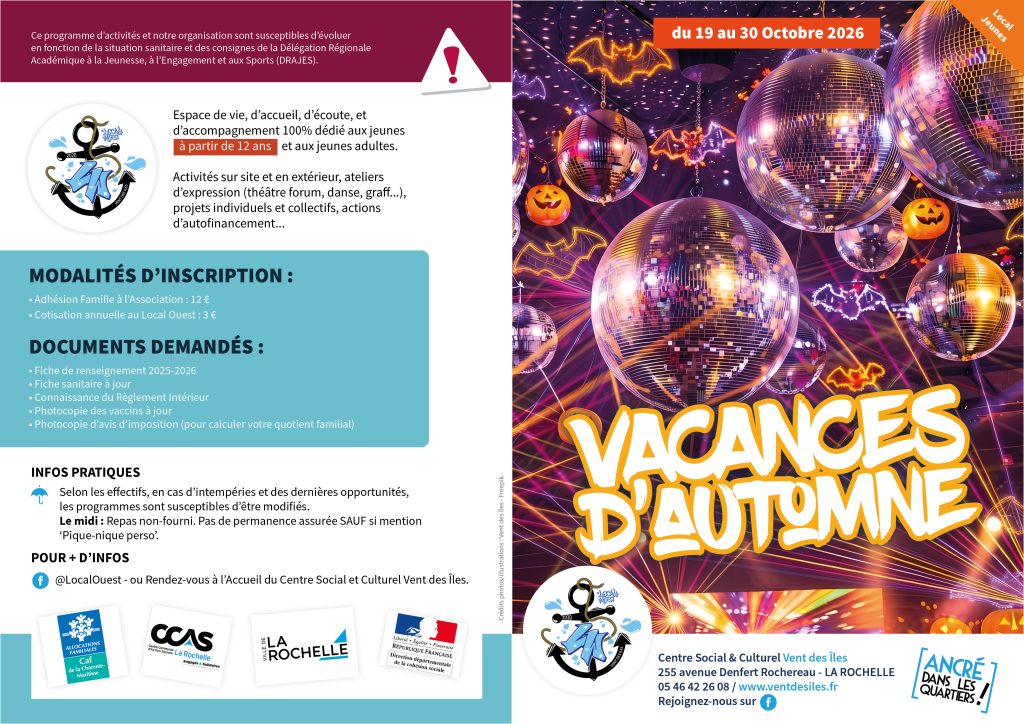 Programme Vacances Automne Jeunesse - Centre Social et Culturel Vent des Îles à La Rochelle