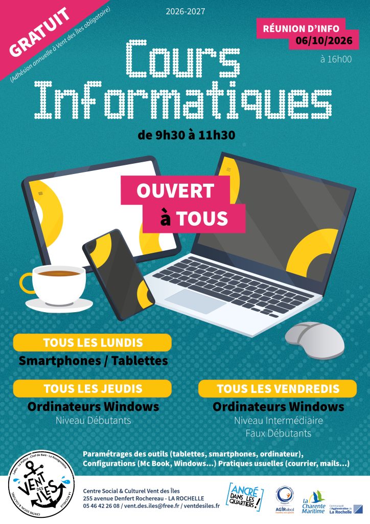 Cours informatiques - Centre Social et Culturel Vent des Îles - La Rochelle