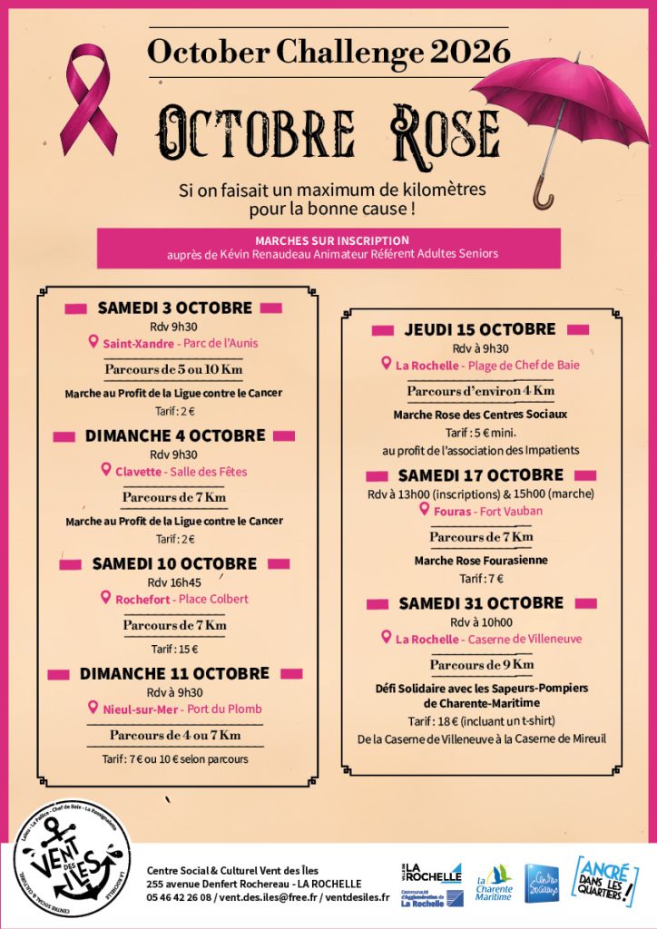 Programme Octobre Rose - Centre Social et Culturel Vent des Îles à La Rochelle